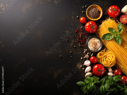 Italian food background on black stone board. Pasta, fresh tomatoes, basil, garlic, spices. Top view with copy space