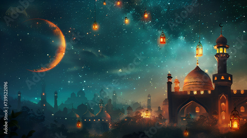 Ramadan banner with copy space, crescent and mosque on blue background with space for text