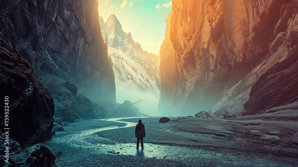 A solitary figure stands in a vast canyon with towering, rugged cliffs illuminated by a warm, hazy sunlight. The canyon is straddled by steep, textured rock faces that glow with an orange hue, contras - obrazy, fototapety, plakaty 