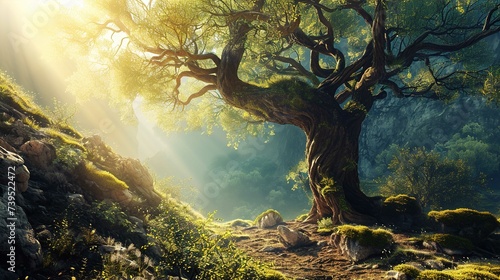 The image showcases a picturesque landscape where the central focus is a majestic, gnarled tree with a twisting trunk and sprawling branches adorned with lush green leaves. The sunlight filters throug