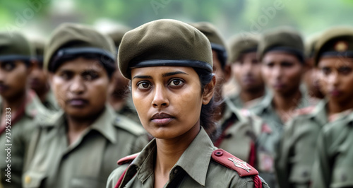 Group of Indian women in military uniforms standing at army ceremony or presentation. Generative AI photo