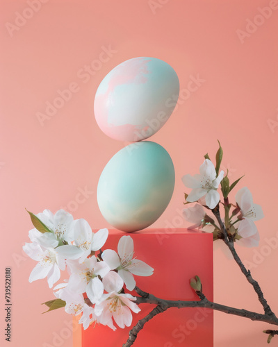 Easter pastel eggs are stacked in perfect balance  complemented by a spray of white cherry blossoms  set against a coral backdrop