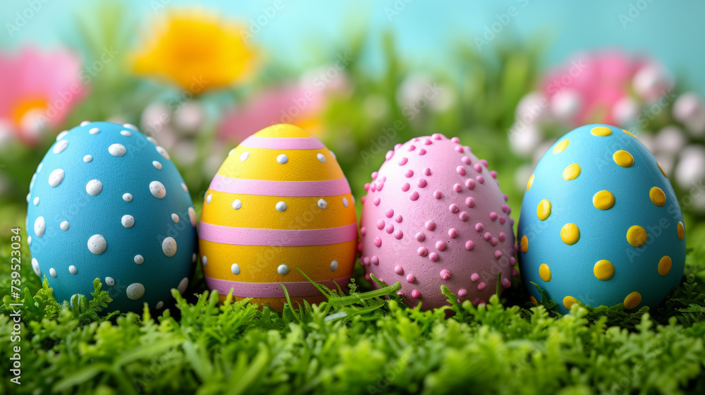 Colorful easter eggs on a green lawn. Easter egg hunt and egg decorating art concept. Colorful easter eggs on a green lawn. Easter egg hunt and egg decorating art concept.