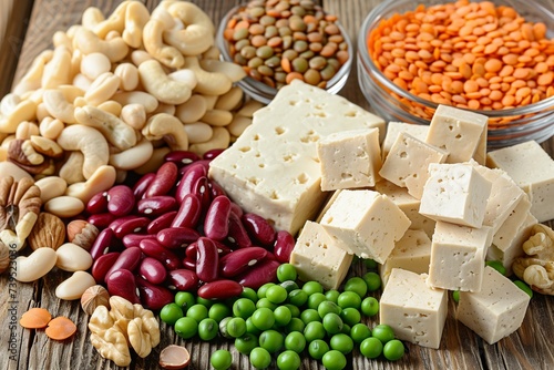 Vegan proteins: tofu, lentils, peas, red beans, nuts