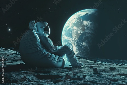 Astronaut sitting on beanbag chair and looking on Earth