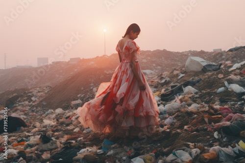 Woman in elegant dress stands in landfill at dusk