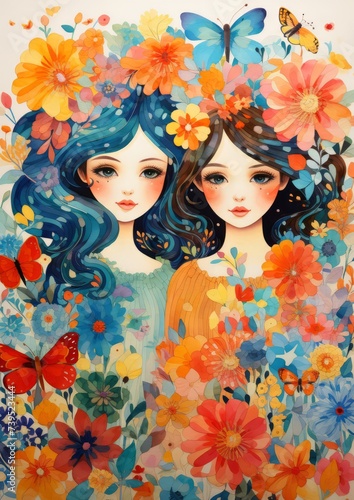 Greeting card Illustration women surrounded by blooming flowers and butterflies. Woman's Freedom and beauty. 8 March International Women's day. Mother's day postcard