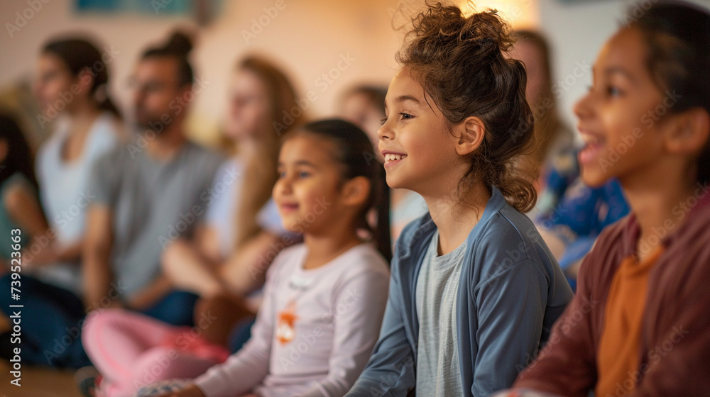 Parents and children attending a workshop on mindfulness and emotional intelligence, learning techniques for managing stress and fostering resilience, love, respect, tolerance, edu Parents and children attending a workshop on mindfulness and emotional intelligence, learning techniques for managing stress and fostering resilience, love, respect, tolerance, edu