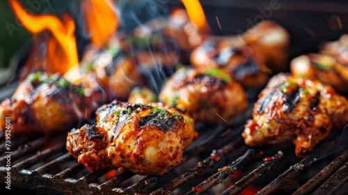 Juicy Grilled Chicken Thighs on Outdoor BBQ Grill photo