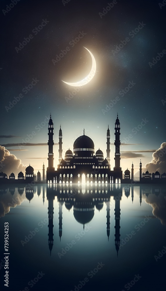 Realistic illustration of a mosque silhouette against a night sky with a crescent moon.