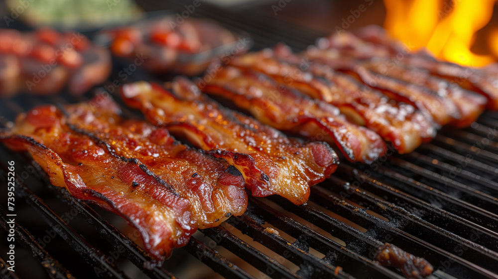 Strips of thick bacon on the grill being prepared for breakfast. Strips of thick bacon on the grill being prepared for breakfast.