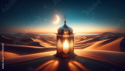 Arabic lantern in the desert at dusk with crescent moon.
