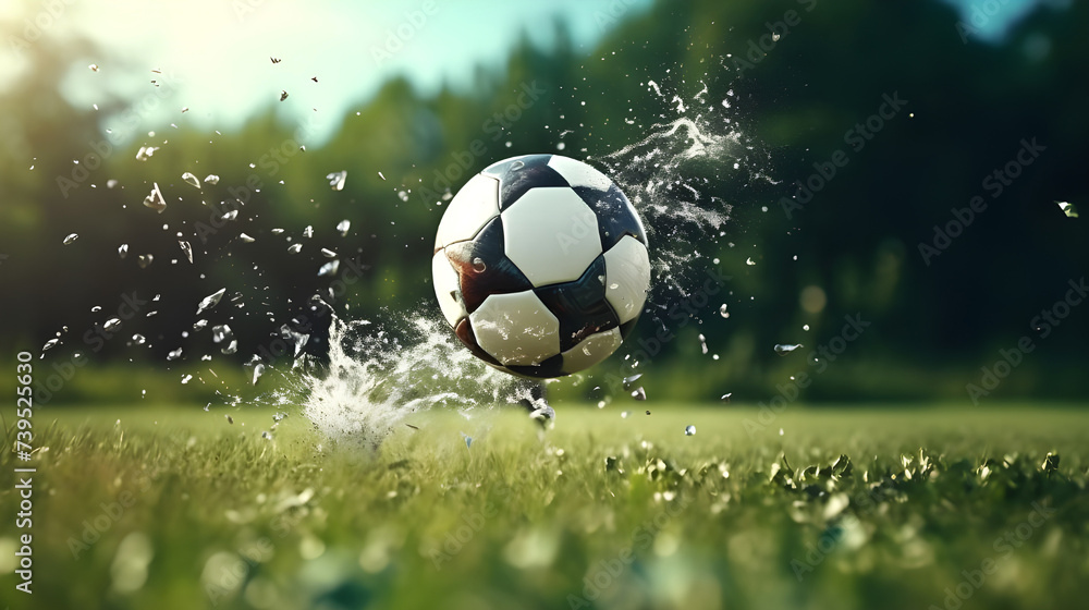 Fototapeta premium Soccer player falling and kicking ball on grass field - Ai generated