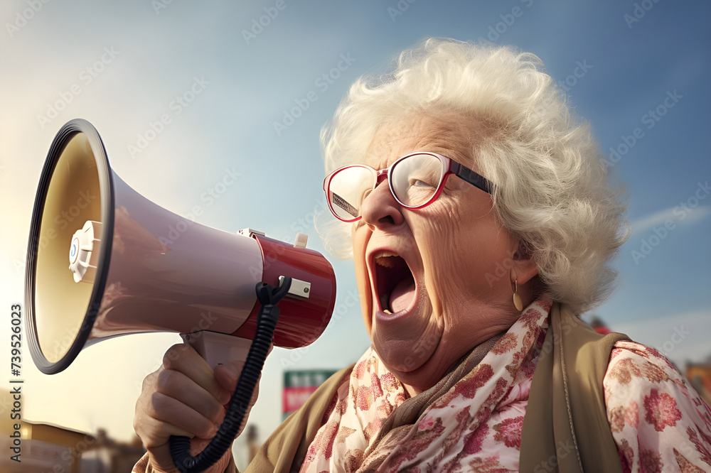 Fototapeta premium Old Caucasian woman at outdoors holding a megaphone - Ai generated