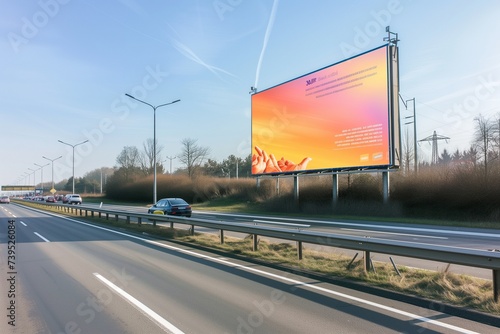 Bold and Bright Billboard Mockup Captured on a High-Speed Highway - Picture a bold and brightly colored billboard standing out prominently along a high-speed highway.
