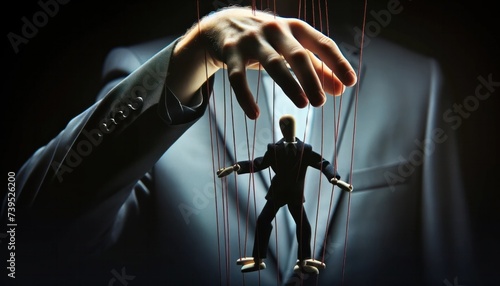 Human silhouette with puppet strings, depicting manipulative behavior and control. photo