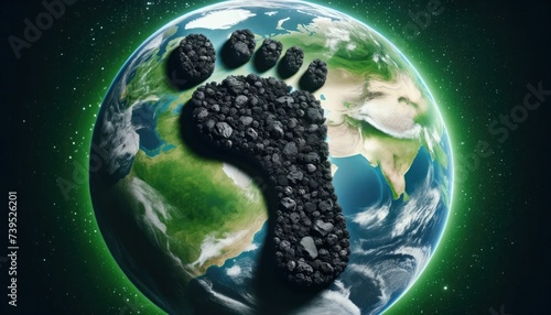 Large black carbon footprint on vibrant green earth, symbolizing environmental impact. photo