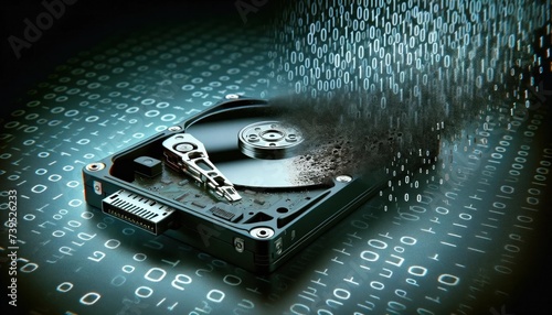 Damaged storage device with binary code vanishing, symbolizing data loss.