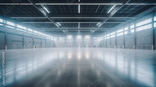 Empty and clean warehouse interior in logistic center. Concept of organized storage, logistics efficiency, and clean distribution space. © Jafree