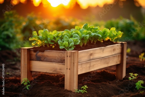 Raised garden beds with various plants at sunset.