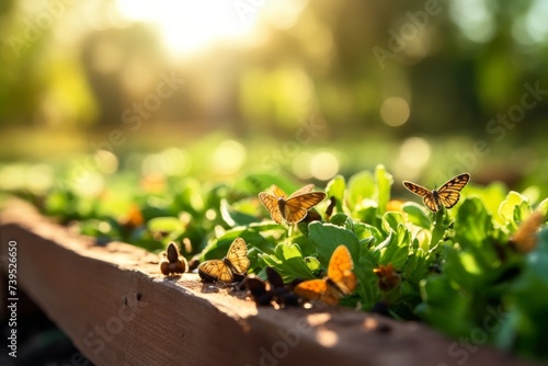 Butterflies on young green plants in a garden bed. Macro shot with sunlight photo