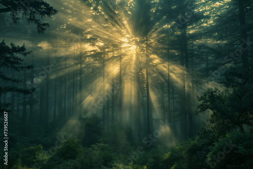 sun shining through the forest in the morning