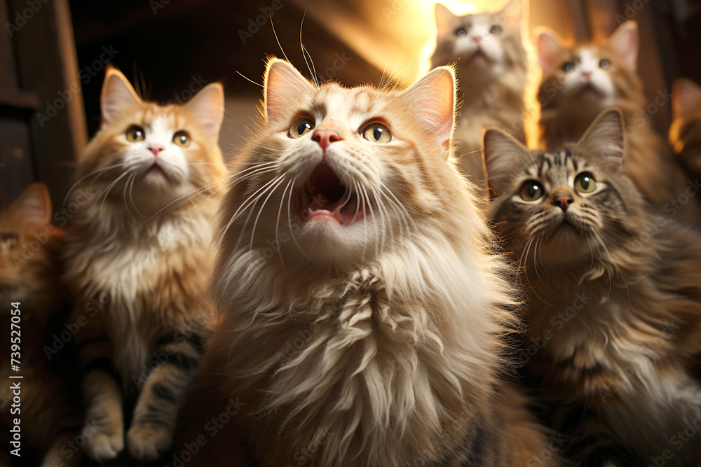 Group of funny funny cats on their hind legs with open mouths singing in chorus, cat concert