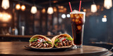 Fresh doner kebab or shawarma and glass of cola drink on restaurant background. Generative Ai	
