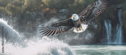 An eagle flies over a rushing waterfall, backdropped by forests and mountains photo