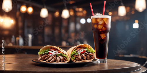 Fresh doner kebab or shawarma and glass of cola drink on restaurant background. Generative Ai	
