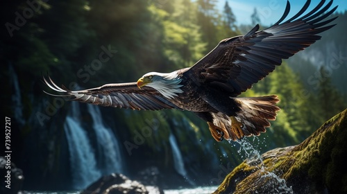 An eagle flies over a rushing waterfall, backdropped by forests and mountains photo