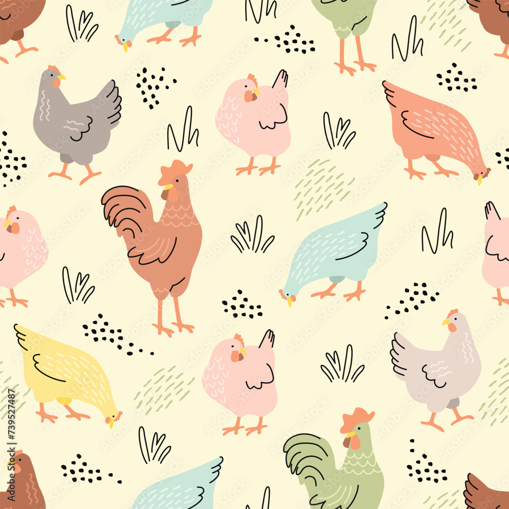 Funny cartoon seamless pattern with cute hens and rooster.Chickens background in memphis style.Colored silhouettes, lines and dots.Print on fabric and paper.Nursery wall decor.Hand drawn illustration. Funny cartoon seamless pattern with cute hens and rooster.Chickens background in memphis style.Colored silhouettes, lines and dots.Print on fabric and paper.Nursery wall decor.Hand drawn illustration.