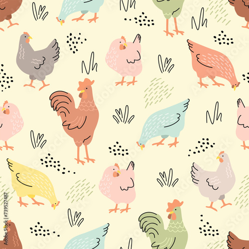 Funny cartoon seamless pattern with cute hens and rooster.Chickens background in memphis style.Colored silhouettes, lines and dots.Print on fabric and paper.Nursery wall decor.Hand drawn illustration.