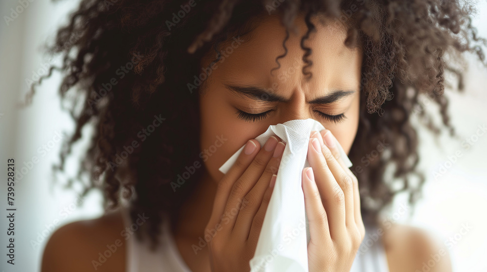 Closeup of woman blowing nose during the cold and flu season. Stuffy nose clearing. - obrazy, fototapety, plakaty 