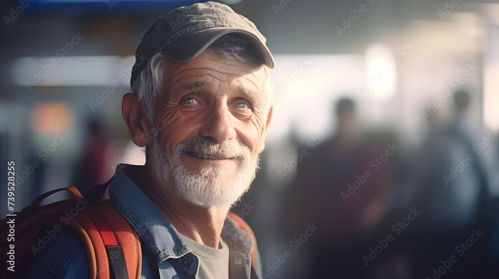 Portrait of old man happy expression traveler on airport - Ai generated Portrait of old man happy expression traveler on airport - Ai generated