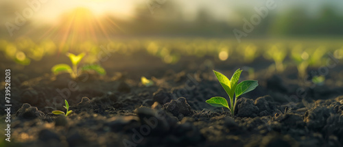 Small sprouts arise in an agricultural field. Concept of regenerative agriculture for soil fertility, removal of carbon dioxide from atmosphere and effective consumption of water resources. photo