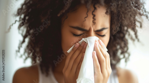 Closeup of woman blowing nose during the cold and flu season. Stuffy nose clearing. photo