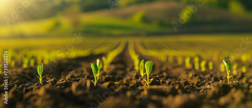 Small sprouts arise in an agricultural field. Concept of regenerative agriculture for soil fertility, removal of carbon dioxide from atmosphere and effective consumption of water resources.