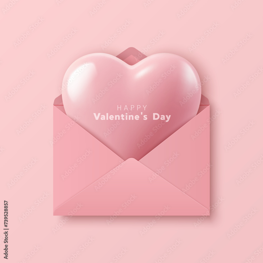 Vector 3d Realistic Pink Heart Shape in an Envelope Closeup Isolated on ...