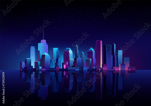Futuristic night cityscape with water reflex, glowing stars, glowing neon purple and blue background lights.