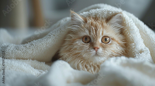 A white wet cat lies in a towel. Washing a cat at home. Cat care.