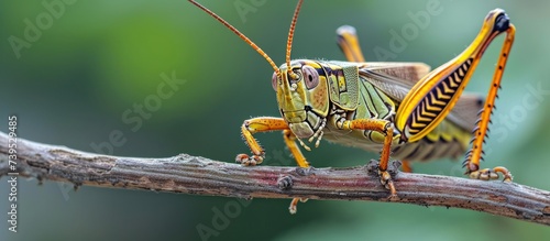 Detailed close up of a green grasshopper perched on a slender branch in the wild