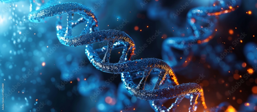 Glowing DNA Molecule on Vibrant Blue Background with Copyspace for Science and Genetics Concepts