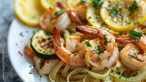 shrimp scampi: sustainably caught shrimp, lemon butter scampi sauce, grilled zucchini, linguine TOP VIEW PLATE --ar 16:9 --v 6 Job ID: e444f8a9-6f98-419f-9a05-9cc079babbf1