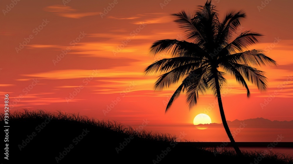 Silhouette of palm tree on beautiful sunset orange color on nature background --ar 16:9 --v 6 Job ID: 58c1edcc-77af-4674-845d-1bc37d1fb4c6