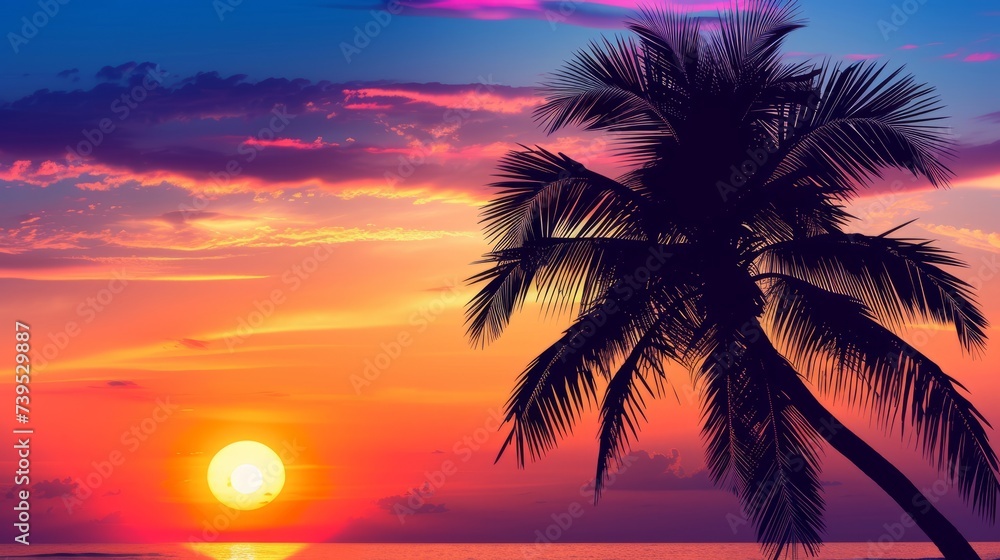 Silhouette of palm tree on beautiful sunset orange color on nature background --ar 16:9 --v 6 Job ID: 7f02f294-7b99-418e-b538-ff41bce773a3