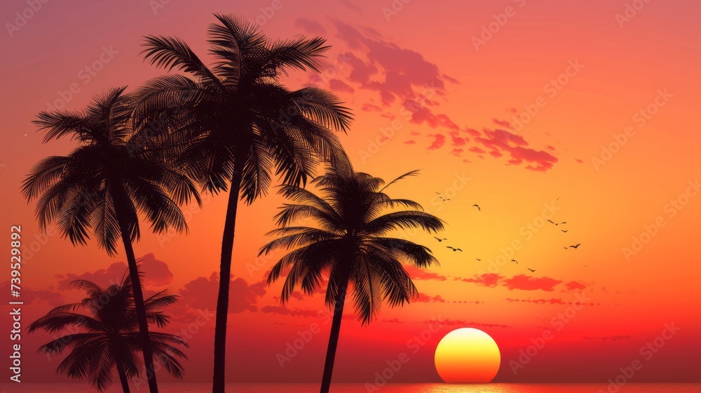 Silhouette of palm tree on beautiful sunset orange color on nature background --ar 16:9 --v 6 Job ID: c58883b1-ed28-4574-a859-ffff57cca6a1