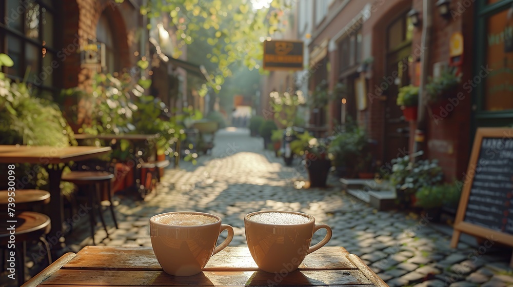 Street cafe in Europe. Two cups of coffee on vintage table. Created with Generative AI Street cafe in Europe. Two cups of coffee on vintage table. Created with Generative AI