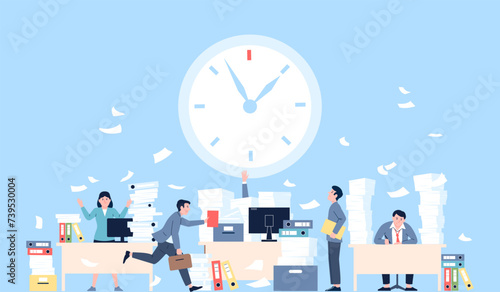 Deadline office concept. Crazy time, managers and time. Submission of report, taxes or work with documents. Unorganized people recent vector scene