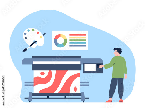 Printshop worker. Man work with polygraphy printer, choose colors and ink. Prepress and printing. Typography equipment and service, recent vector scene